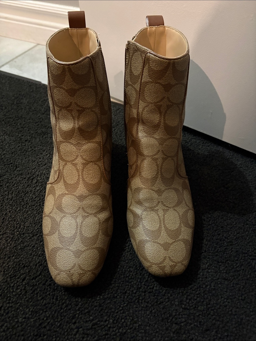 Coach Beige Signature Canvas Ankle Boots with Logo Print